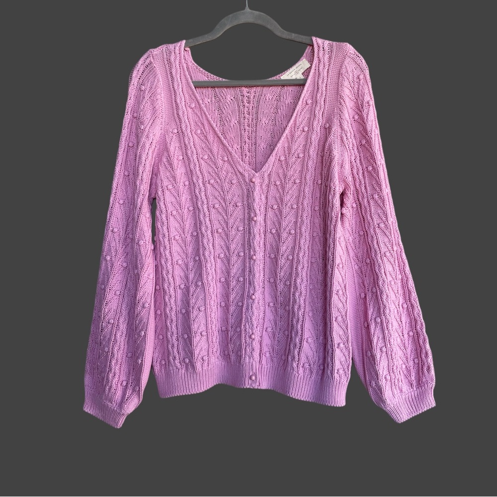 SEZANE Rose Pink Lilac Pom Pom Texture Cableknit Balloon Sleeve Beryl Cardigan - Picture 3 of 15